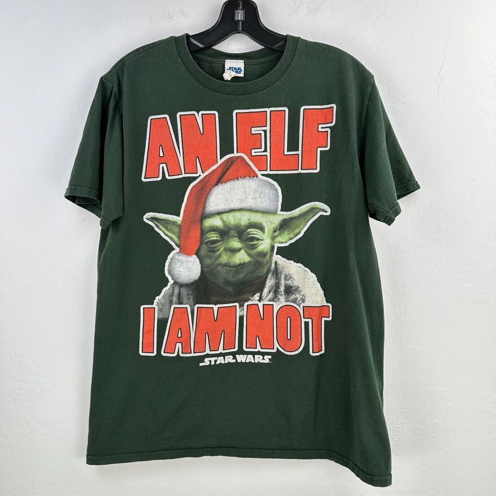Vintage Star‎ Wars Tshirt Mens Medium Green Cotton Master Yoda Elf Christmas Tee